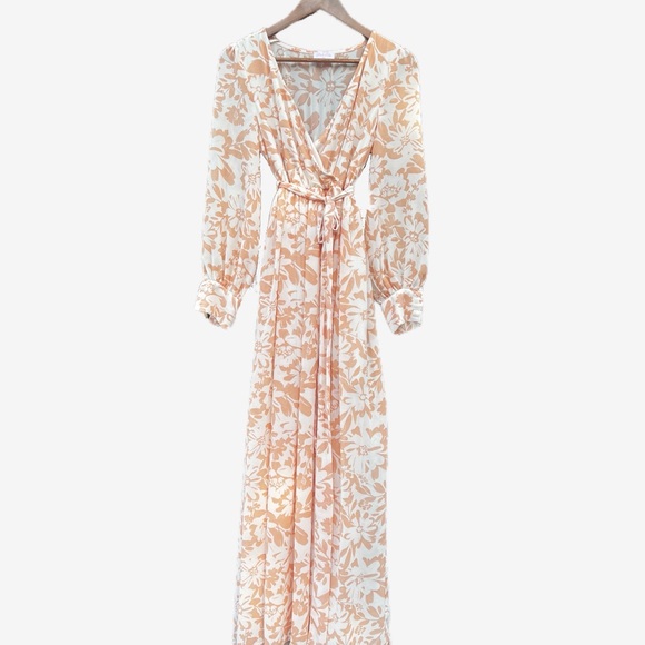 NWOT Pink Lily Floral Wrap Maxi Dress - Cream and Tan, Size Small - Picture 1 of 10